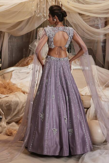 Shop_Roqa_Purple Net, Silk Pearls, Sequins, Zari Canis Embroidered Skirt Set With Cape _at_Aza_Fashions