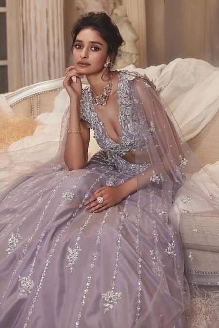 Roqa_Purple Net, Silk Pearls, Sequins, Zari Canis Embroidered Skirt Set With Cape _Online_at_Aza_Fashions