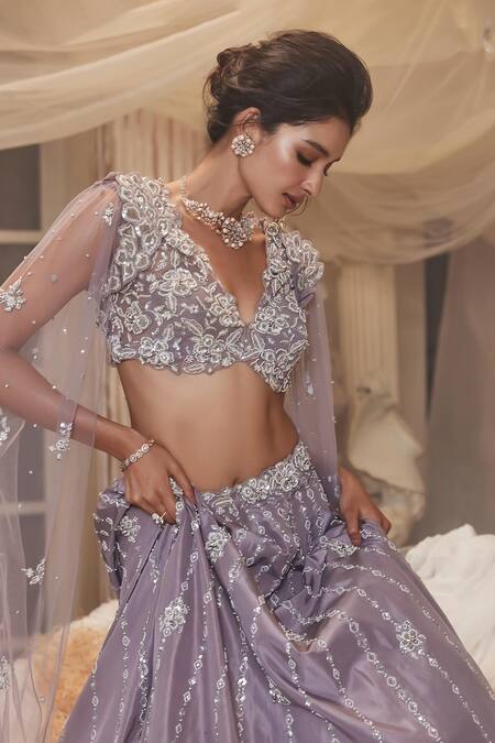 Buy_Roqa_Purple Net, Silk Pearls, Sequins, Zari Canis Embroidered Skirt Set With Cape _Online_at_Aza_Fashions