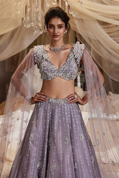 Shop_Roqa_Purple Net, Silk Pearls, Sequins, Zari Canis Embroidered Skirt Set With Cape _Online_at_Aza_Fashions