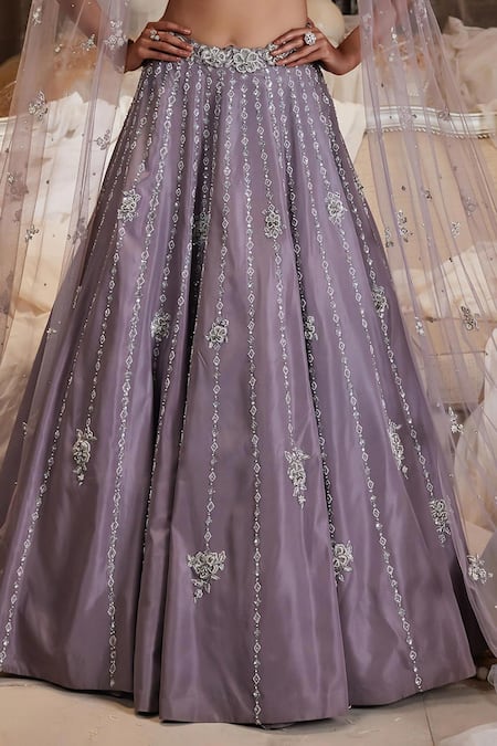 Roqa_Purple Net, Silk Pearls, Sequins, Zari Canis Embroidered Skirt Set With Cape _at_Aza_Fashions