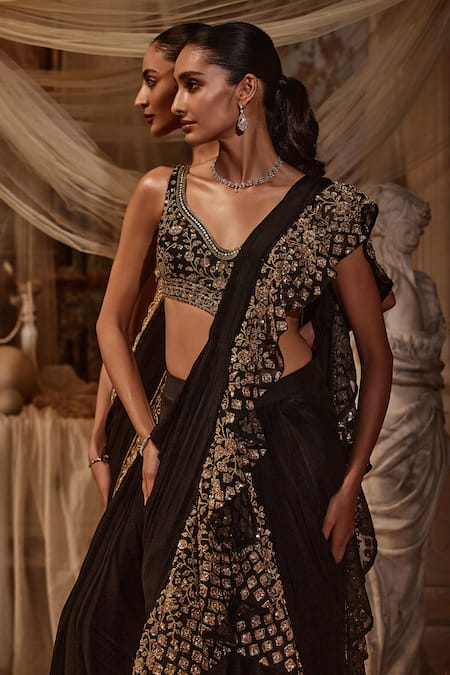 Roqa_Black Silk, Georgette, Organza Dayna Ruffle Border Embroidered Saree With Blouse _Online_at_Aza_Fashions