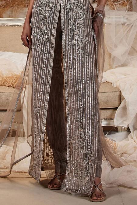 Shop Roqa Brown Net Sequins, Cut Work, Embroidery, Beads Delilah Floral Kurta Pant Set Online at Aza Fashions Shop_Roqa_Brown Net Sequins, Cut Work, Embroidery, Beads Delilah Floral Kurta Pant Set _Online_at_Aza_Fashions