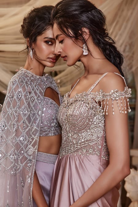 Buy_Roqa_Pink Net, Modal, Satin Sequins, Ellen Checkered Embroidered Cape Skirt Set _Online_at_Aza_Fashions