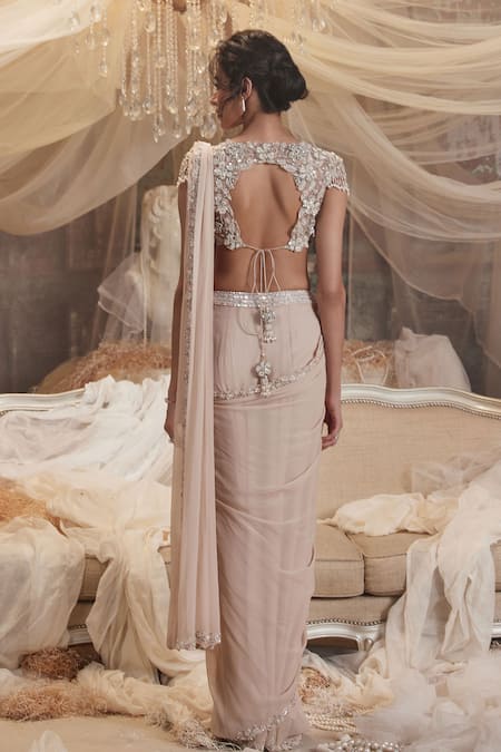 Roqa 3D Floral Embroidered Pre-Draped Saree Set 