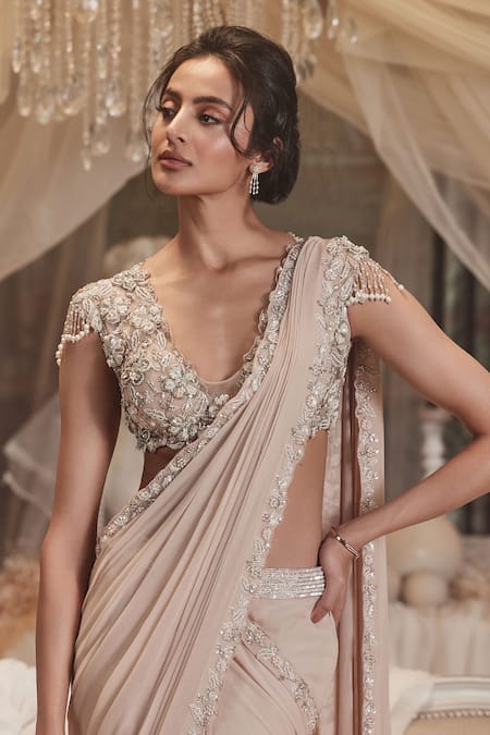 Roqa_Beige Georgette, Net Beads, Sequins, Cut Work, 3d Floral Pre-draped Saree Set _Online_at_Aza_Fashions