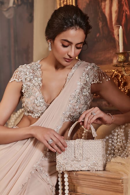 Buy_Roqa_Beige Georgette, Net Beads, Sequins, Cut Work, 3d Floral Pre-draped Saree Set _Online_at_Aza_Fashions