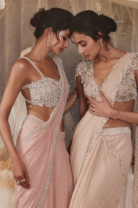 Shop_Roqa_Beige Georgette, Net Beads, Sequins, Cut Work, 3d Floral Pre-draped Saree Set _Online_at_Aza_Fashions