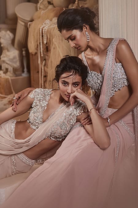 Shop_Roqa_Beige Georgette, Net Beads, Sequins, Cut Work, 3d Floral Pre-draped Saree Set 