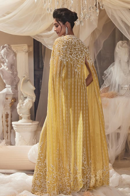Shop_Roqa_Yellow Silk Pearls, Sequins, Cut Work Sweetheart Kira Embroidered Cape Pant Set _at_Aza_Fashions