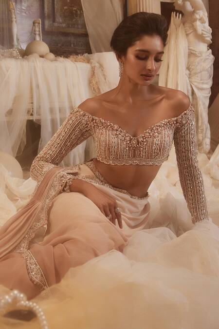 Buy_Roqa_Pink Georgette, Net Embroidery, Cut Kynah Border Pre-draped Saree With Blouse _Online_at_Aza_Fashions