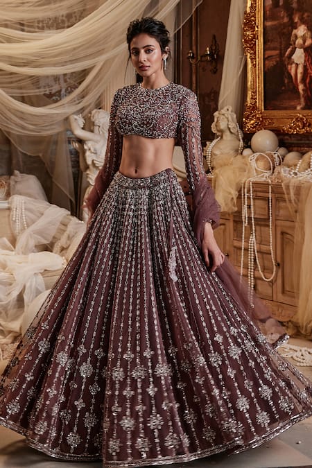 Roqa Wine Net Embroidery Cutdana Round Liana Stripe Bridal Lehenga Set 