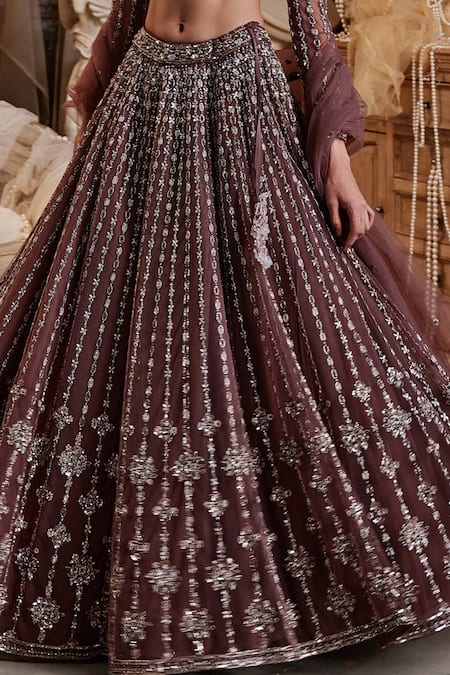 Roqa_Wine Net Cut Work, Sequins, Beads Liana Stripe Embroidered Bridal Lehenga Set _Online_at_Aza_Fashions