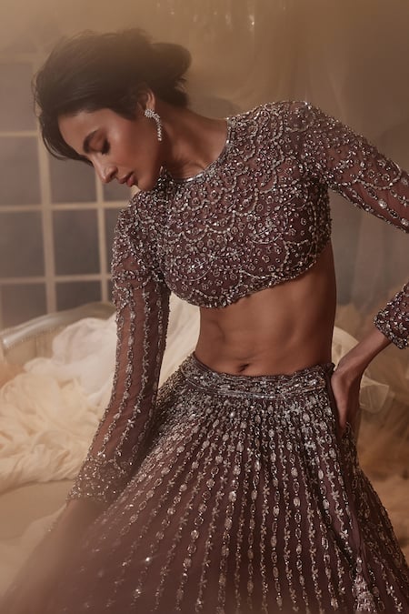 Buy_Roqa_Wine Net Cut Work, Sequins, Beads Liana Stripe Embroidered Bridal Lehenga Set _Online_at_Aza_Fashions