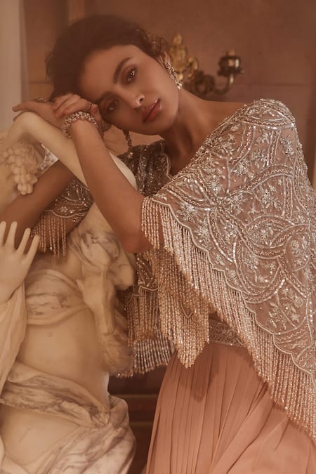 Roqa Pink Net, Georgette Crystals, Lyana Floral Embroidered Kaftan Cape Skirt Set Online at Aza Fashions Roqa_Pink Net, Georgette Crystals, Lyana Floral Embroidered Kaftan Cape Skirt Set _Online_at_Aza_Fashions