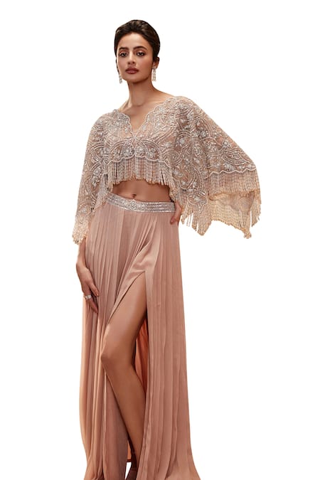 Buy Roqa Pink Net, Georgette Crystals, Lyana Floral Embroidered Kaftan Cape Skirt Set Online at Aza Fashions Buy_Roqa_Pink Net, Georgette Crystals, Lyana Floral Embroidered Kaftan Cape Skirt Set _Online_at_Aza_Fashions