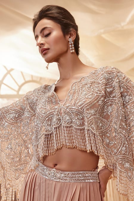 Roqa Pink Net, Georgette Crystals, Lyana Floral Embroidered Kaftan Cape Skirt Set at Aza Fashions Roqa_Pink Net, Georgette Crystals, Lyana Floral Embroidered Kaftan Cape Skirt Set _at_Aza_Fashions