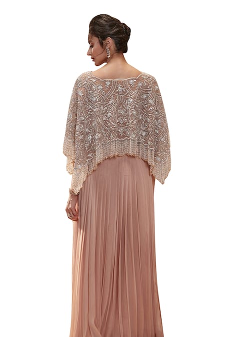 Buy Roqa Pink Net, Georgette Crystals, Lyana Floral Embroidered Kaftan Cape Skirt Set Buy_Roqa_Pink Net, Georgette Crystals, Lyana Floral Embroidered Kaftan Cape Skirt Set