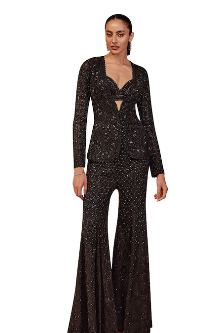 Roqa_Black Net Sequins, Embroidery Open Neck Marcella Jacket Flared Pant Set _Online_at_Aza_Fashions