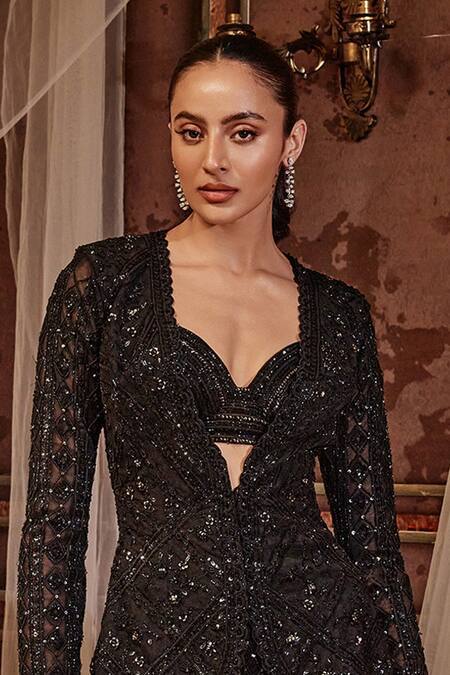 Shop_Roqa_Black Net Sequins, Embroidery Open Neck Marcella Jacket Flared Pant Set _Online_at_Aza_Fashions