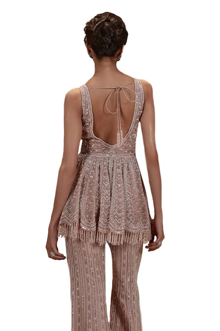 Roqa_Pink Organza Crystals, Embroidery, Cut Work, Marion Peplum Kurta And Sharara Set _Online_at_Aza_Fashions