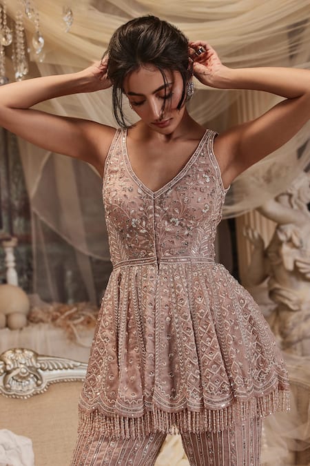 Roqa_Pink Organza Crystals, Embroidery, Cut Work, Marion Peplum Kurta And Sharara Set _at_Aza_Fashions