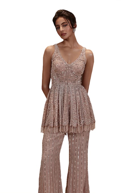 Buy_Roqa_Pink Organza Crystals, Embroidery, Cut Work, Marion Peplum Kurta And Sharara Set 