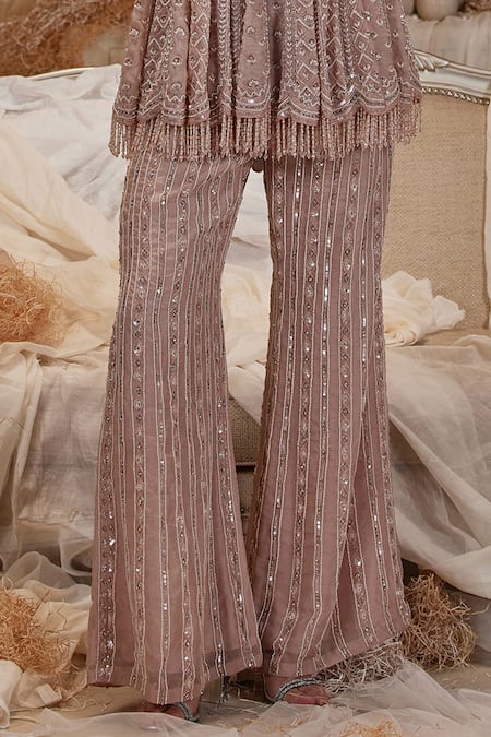 Shop_Roqa_Pink Organza Crystals, Embroidery, Cut Work, Marion Peplum Kurta And Sharara Set 