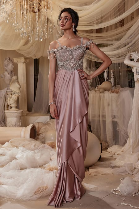 Roqa Merlin 3D Flower Embroidered Draped Gown 