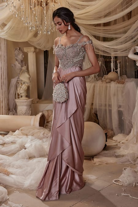Roqa Merlin 3D Flower Embroidered Draped Gown 