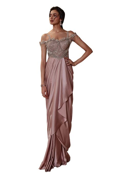 Roqa_Pink Modal, Satin Beads, Sequins, Embroidery Merlin 3d Flower Draped Gown _Online_at_Aza_Fashions
