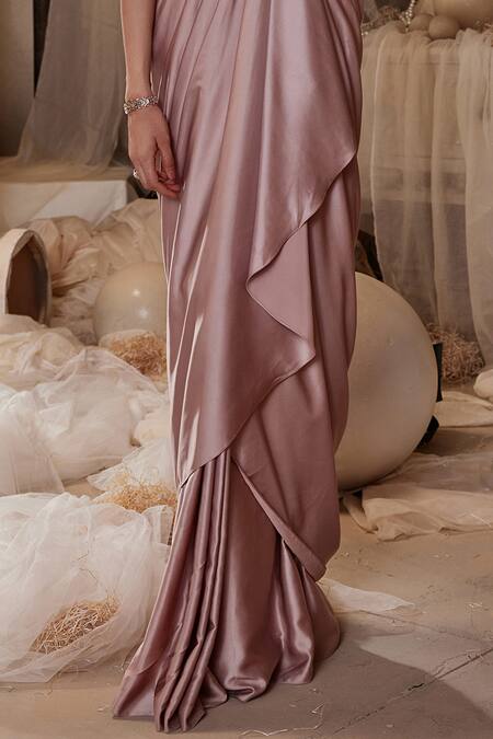 Buy_Roqa_Pink Modal, Satin Beads, Sequins, Embroidery Merlin 3d Flower Draped Gown _Online_at_Aza_Fashions