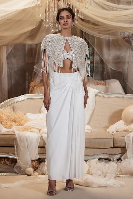 Roqa Off White Cape And Blouse Net Embroidery Mirror Round Orion Skirt Set 