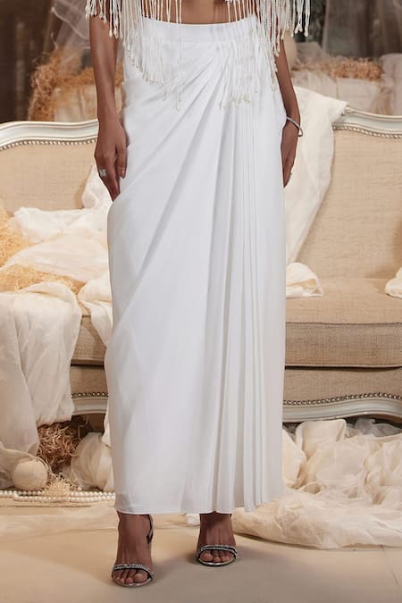 Buy_Roqa_Off White Modal, Satin Sequins, Mirrors, Cut Orion Mirrorwork Cape Skirt Set _Online_at_Aza_Fashions