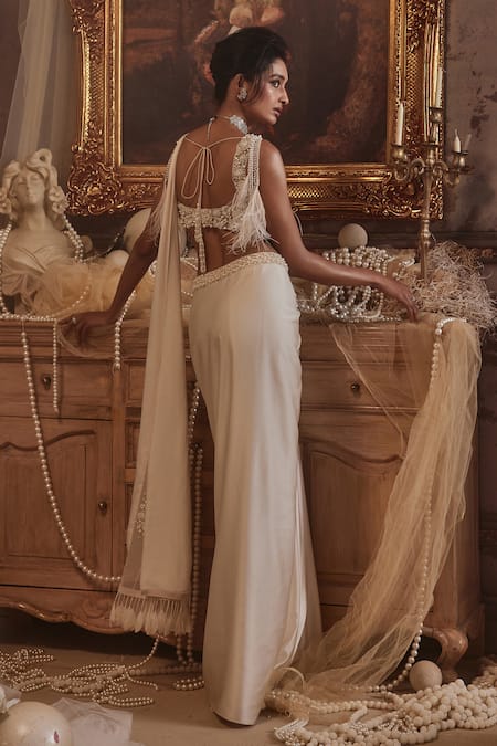 Roqa Perseus Pearl Embroidered Pre-Draped Saree With Blouse 