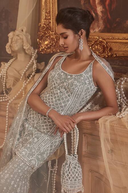 Roqa_Blue Net, Organza Pearls, Sequins Round Neck Zaniah Work Kurta Sharara Set _Online_at_Aza_Fashions