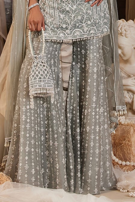 Buy_Roqa_Blue Net, Organza Pearls, Sequins Round Neck Zaniah Work Kurta Sharara Set _Online_at_Aza_Fashions