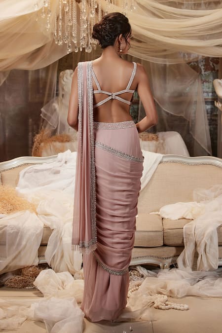 Roqa Zareena Floral Border Embroidered Pre-Draped Saree With Blouse 