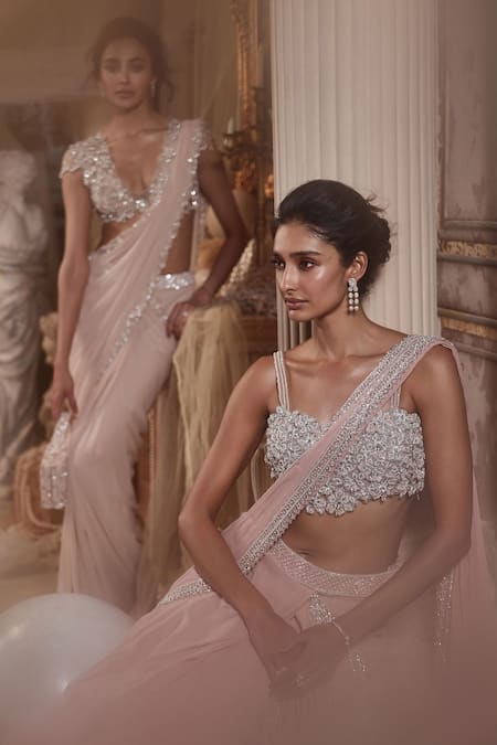 Buy_Roqa_Pink Net, Zareena Floral Border Embroidered Pre-draped Saree With Blouse _Online_at_Aza_Fashions