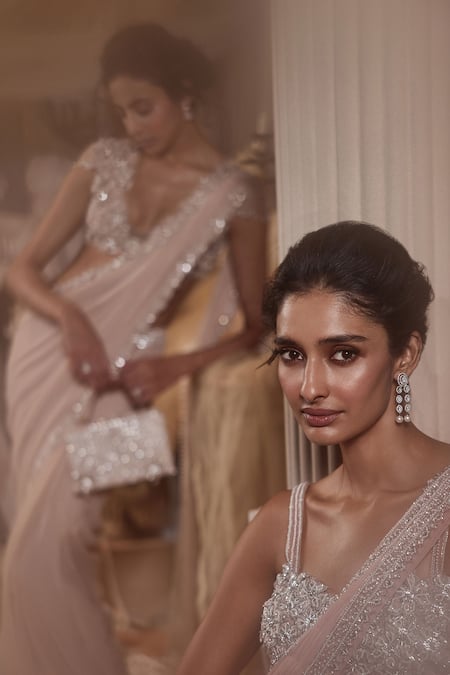 Shop_Roqa_Pink Net, Zareena Floral Border Embroidered Pre-draped Saree With Blouse _Online_at_Aza_Fashions