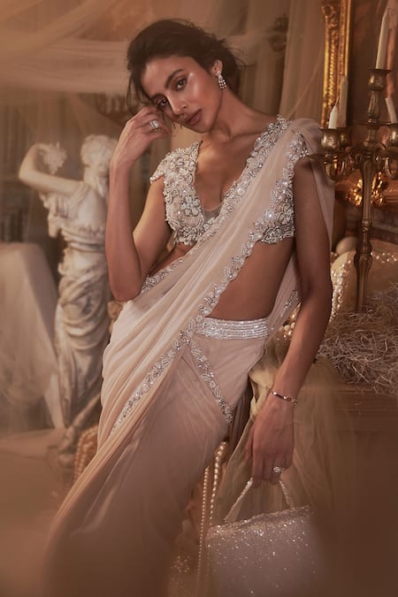 Roqa_Pink Net, Zareena Floral Border Embroidered Pre-draped Saree With Blouse _at_Aza_Fashions