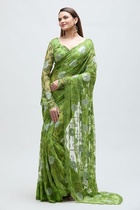 Nakita Singh_Green Net Sequins, Embroidery Asymmetric Saree With Blouse_Online_at_Aza_Fashions