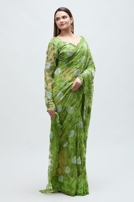 Shop_Nakita Singh_Green Net Sequins, Embroidery Asymmetric Saree With Blouse_Online_at_Aza_Fashions