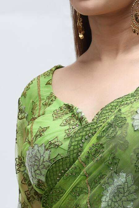 Nakita Singh_Green Net Sequins, Embroidery Asymmetric Saree With Blouse_at_Aza_Fashions