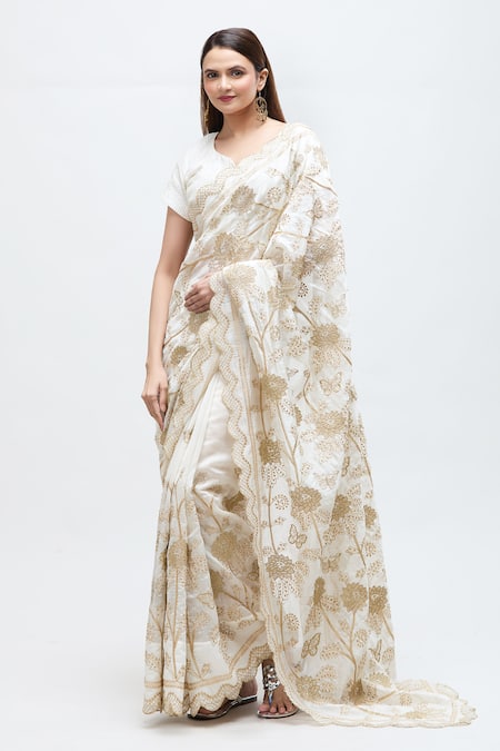 Nakita Singh Off White Chanderi Embroidered Sequin Leaf Neck Zari Saree With Blouse 