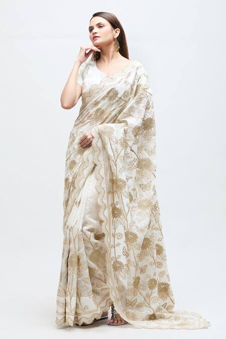 Nakita Singh_Off White Chanderi Sequins Zari Embroidered Saree With Blouse_at_Aza_Fashions