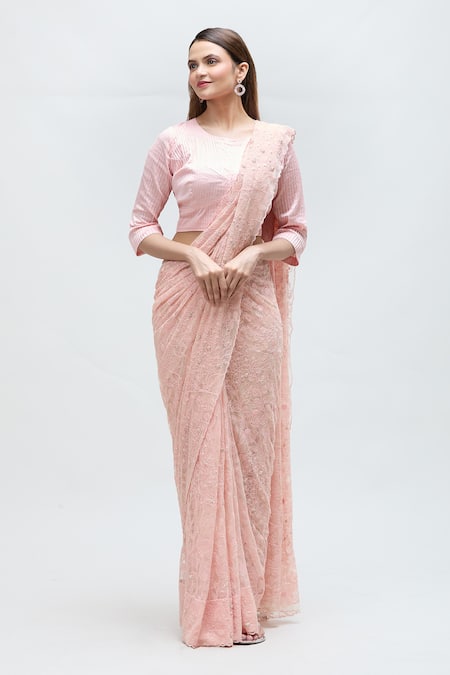 Nakita Singh Pink Net Embroidered Floral Round Bead Saree With Blouse 