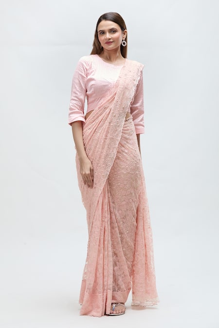 Nakita Singh Pink Net, Chanderi Beads, Diamonds Round Neck Embroidered Saree With Blouse Online at Aza Fashions Nakita Singh_Pink Net, Chanderi Beads, Diamonds Round Neck Embroidered Saree With Blouse_Online_at_Aza_Fashions
