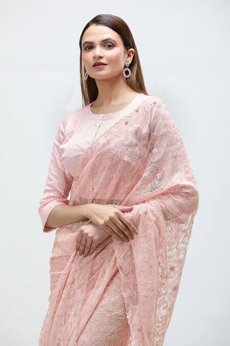 Buy Nakita Singh Pink Net, Chanderi Beads, Diamonds Round Neck Embroidered Saree With Blouse Online at Aza Fashions Buy_Nakita Singh_Pink Net, Chanderi Beads, Diamonds Round Neck Embroidered Saree With Blouse_Online_at_Aza_Fashions