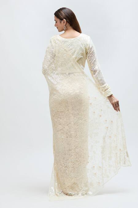 Shop Nakita Singh Cream Net Embroidery Round Neck Floral Saree With Blouse at Aza Fashions Shop_Nakita Singh_Cream Net Embroidery Round Neck Floral Saree With Blouse_at_Aza_Fashions